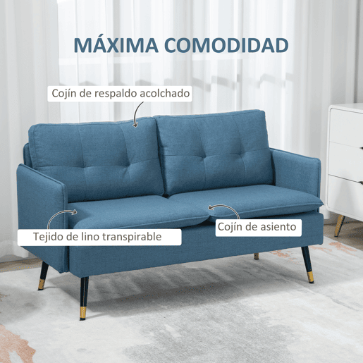 Sofá moderno de 2 lugares para sala de estar com 4 almofadas, apoios de braço e pés de aço, capacidade de carga de 240 kg, 139x68x80 cm, azul