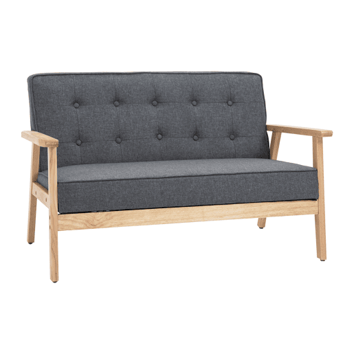 Sofá de 2 lugares com encosto, almofadas acolchoadas, pés de madeira antiderrapantes, estofamento com botões, 113x67x78 cm, cinza Sofá de 2 lugares com encosto, almofadas acolchoadas, pés de madeira antiderrapantes, estofamento com botões, 113x67x78 cm, cinza