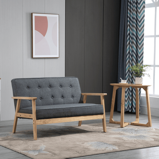 Sofá de 2 lugares com encosto, almofadas acolchoadas, pés de madeira antiderrapantes, estofamento com botões, 113x67x78 cm, cinza Sofá de 2 lugares com encosto, almofadas acolchoadas, pés de madeira antiderrapantes, estofamento com botões, 113x67x78 cm, cinza