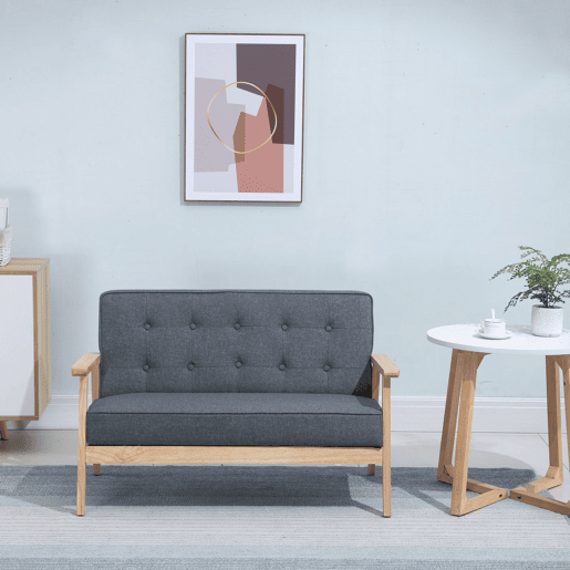 Sofá de 2 lugares com encosto, almofadas acolchoadas, pés de madeira antiderrapantes, estofamento com botões, 113x67x78 cm, cinza Sofá de 2 lugares com encosto, almofadas acolchoadas, pés de madeira antiderrapantes, estofamento com botões, 113x67x78 cm, cinza