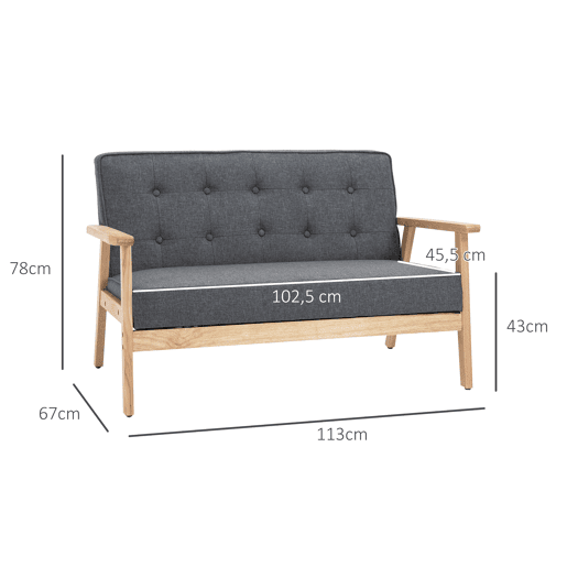 Sofá de 2 lugares com encosto, almofadas acolchoadas, pés de madeira antiderrapantes, estofamento com botões, 113x67x78 cm, cinza Sofá de 2 lugares com encosto, almofadas acolchoadas, pés de madeira antiderrapantes, estofamento com botões, 113x67x78 cm, cinza