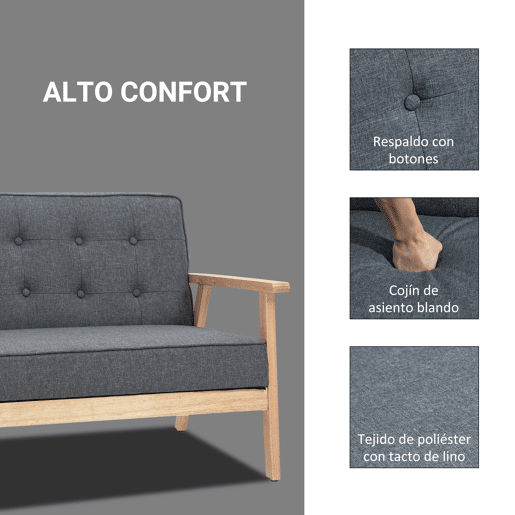 Sofá de 2 lugares com encosto, almofadas acolchoadas, pés de madeira antiderrapantes, estofamento com botões, 113x67x78 cm, cinza Sofá de 2 lugares com encosto, almofadas acolchoadas, pés de madeira antiderrapantes, estofamento com botões, 113x67x78 cm, cinza
