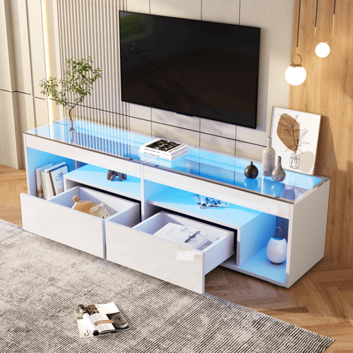 Móvel de TV 180 cm de painel de partículas com 2 gavetas e luz led,branco