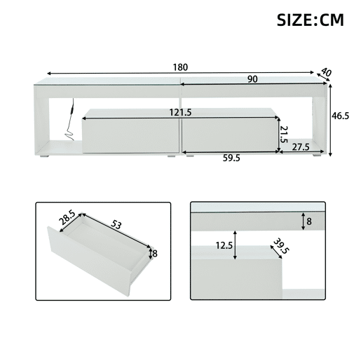 Móvel de TV 180 cm de painel de partículas com 2 gavetas e luz led,branco