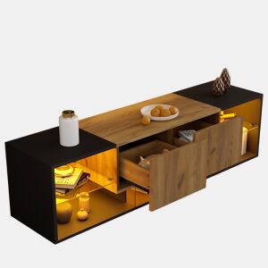 Móvel de TV 160 cm de painel de partículas com 2 gavetas e luz led,preto+madeira
