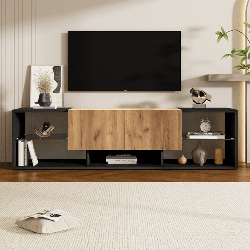Móvel de TV 160 cm de painel de partículas com 2 gavetas e luz led,preto+madeira Móvel de TV 160 cm de painel de partículas com 2 gavetas e luz led,preto+madeira