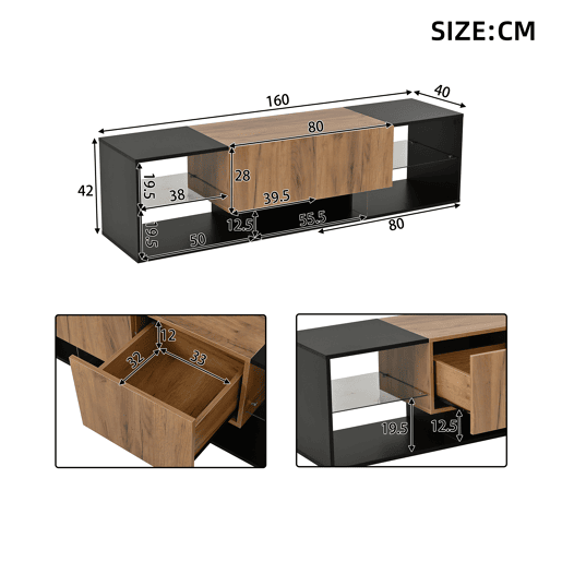Móvel de TV 160 cm de painel de partículas com 2 gavetas e luz led,preto+madeira Móvel de TV 160 cm de painel de partículas com 2 gavetas e luz led,preto+madeira