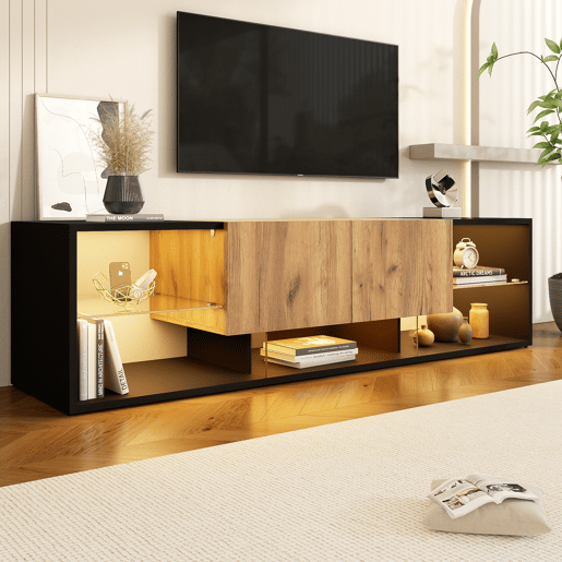 Móvel de TV 160 cm de painel de partículas com 2 gavetas e luz led,preto+madeira Móvel de TV 160 cm de painel de partículas com 2 gavetas e luz led,preto+madeira