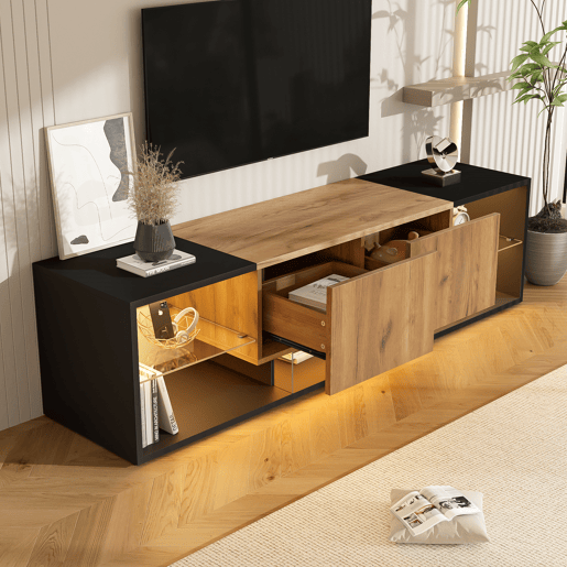 Móvel de TV 160 cm de painel de partículas com 2 gavetas e luz led,preto+madeira Móvel de TV 160 cm de painel de partículas com 2 gavetas e luz led,preto+madeira