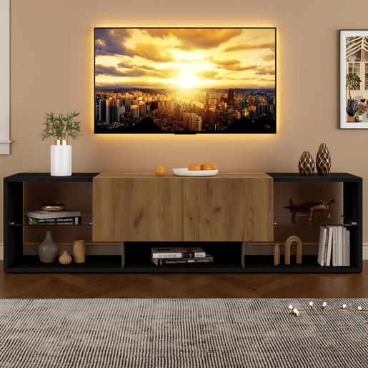 Móvel de TV 160 cm de painel de partículas com 2 gavetas e luz led,preto+madeira Móvel de TV 160 cm de painel de partículas com 2 gavetas e luz led,preto+madeira