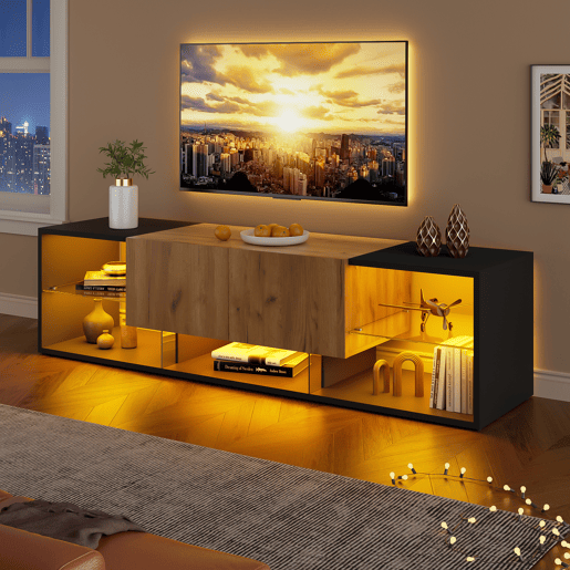 Móvel de TV 160 cm de painel de partículas com 2 gavetas e luz led,preto+madeira Móvel de TV 160 cm de painel de partículas com 2 gavetas e luz led,preto+madeira
