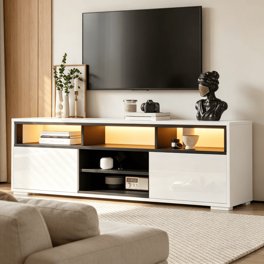 Móvel de TV 150 cm de painel de partículas com 2 portas e luz led,branco