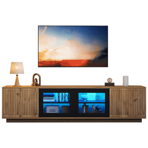 Móvel de TV 180 cm de mdf com 4 portas e luz led,madeira+preto