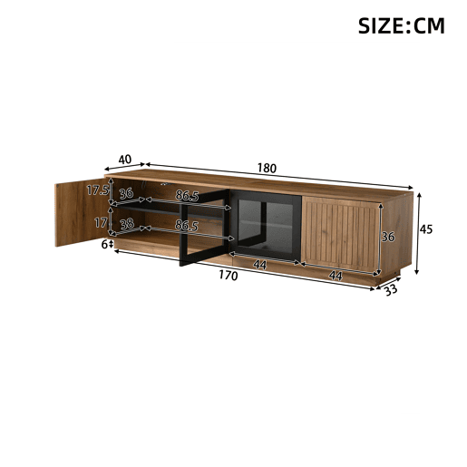 Móvel de TV 180 cm de mdf com 4 portas e luz led,madeira+preto