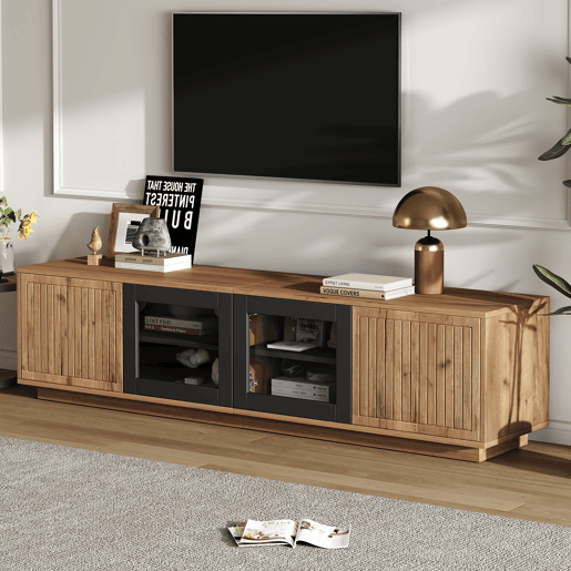 Móvel de TV 180 cm de mdf com 4 portas e luz led,madeira+preto
