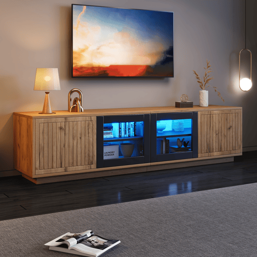 Móvel de TV 180 cm de mdf com 4 portas e luz led,madeira+preto