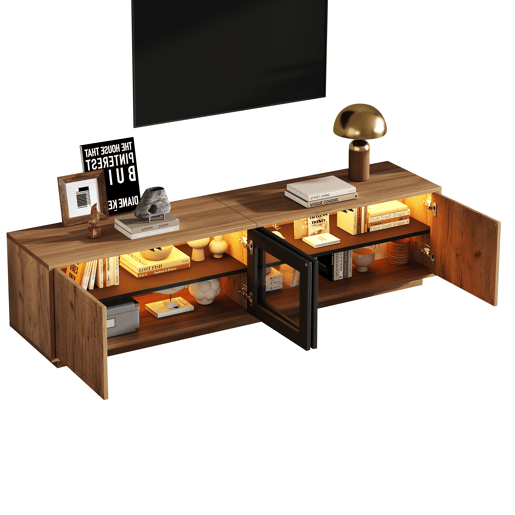 Móvel de TV 180 cm de mdf com 4 portas e luz led,madeira+preto