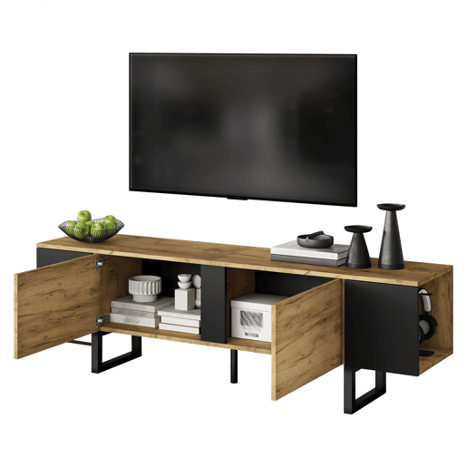 Móvel de TV 180 cm de painel de partículas com 2 portas,madeira+preto