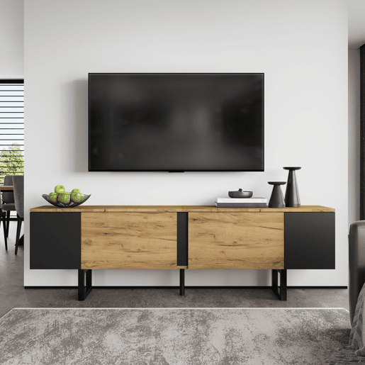 Móvel de TV 180 cm de painel de partículas com 2 portas,madeira+preto