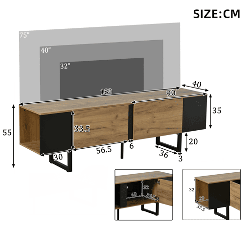 Móvel de TV 180 cm de painel de partículas com 2 portas,madeira+preto