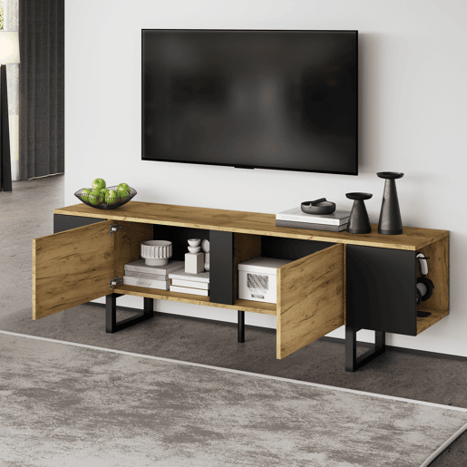 Móvel de TV 180 cm de painel de partículas com 2 portas,madeira+preto