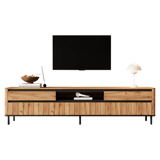 Móvel de TV 180 cm de mdf com 2 portas e 2 gavetas,madeira+preto Móvel de TV 180 cm de mdf com 2 portas e 2 gavetas,madeira+preto
