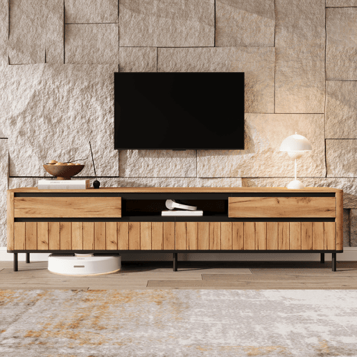 Móvel de TV 180 cm de mdf com 2 portas e 2 gavetas,madeira+preto Móvel de TV 180 cm de mdf com 2 portas e 2 gavetas,madeira+preto