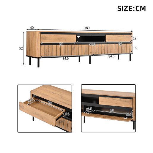 Móvel de TV 180 cm de mdf com 2 portas e 2 gavetas,madeira+preto Móvel de TV 180 cm de mdf com 2 portas e 2 gavetas,madeira+preto