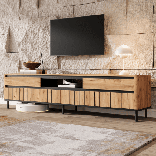 Móvel de TV 180 cm de mdf com 2 portas e 2 gavetas,madeira+preto Móvel de TV 180 cm de mdf com 2 portas e 2 gavetas,madeira+preto