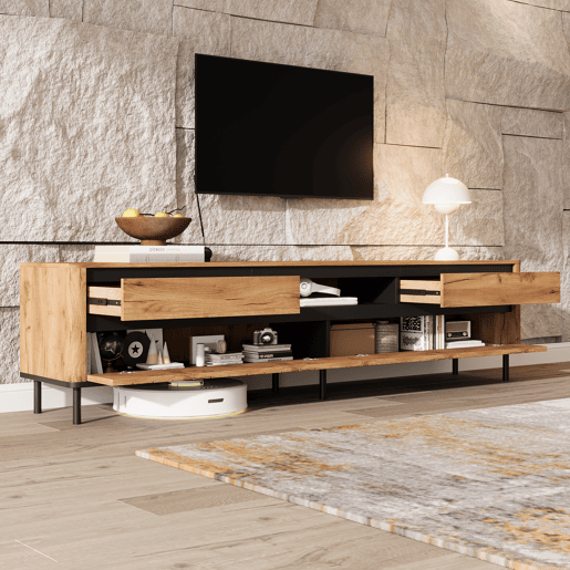 Móvel de TV 180 cm de mdf com 2 portas e 2 gavetas,madeira+preto Móvel de TV 180 cm de mdf com 2 portas e 2 gavetas,madeira+preto