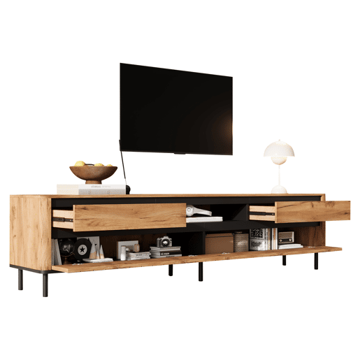Móvel de TV 180 cm de mdf com 2 portas e 2 gavetas,madeira+preto Móvel de TV 180 cm de mdf com 2 portas e 2 gavetas,madeira+preto