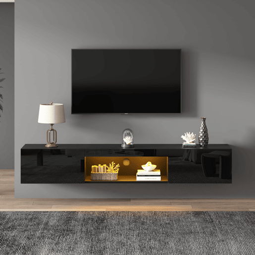 Móvel de TV de parede 160 cm de painel de partículas com 2 portas e luz led,preto Móvel de TV de parede 160 cm de painel de partículas com 2 portas e luz led,preto