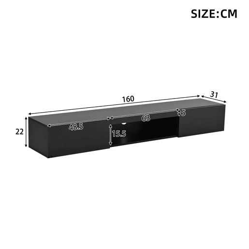 Móvel de TV de parede 160 cm de painel de partículas com 2 portas e luz led,preto Móvel de TV de parede 160 cm de painel de partículas com 2 portas e luz led,preto