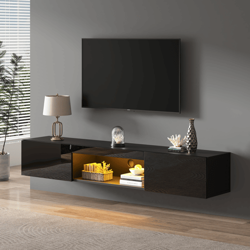 Móvel de TV de parede 160 cm de painel de partículas com 2 portas e luz led,preto Móvel de TV de parede 160 cm de painel de partículas com 2 portas e luz led,preto