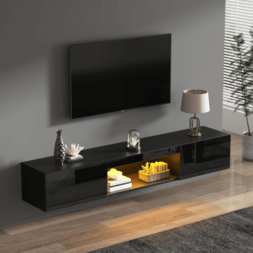 Móvel de TV de parede 160 cm de painel de partículas com 2 portas e luz led,preto Móvel de TV de parede 160 cm de painel de partículas com 2 portas e luz led,preto