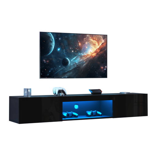 Móvel de TV de parede 160 cm de painel de partículas com 2 portas e luz led,preto Móvel de TV de parede 160 cm de painel de partículas com 2 portas e luz led,preto