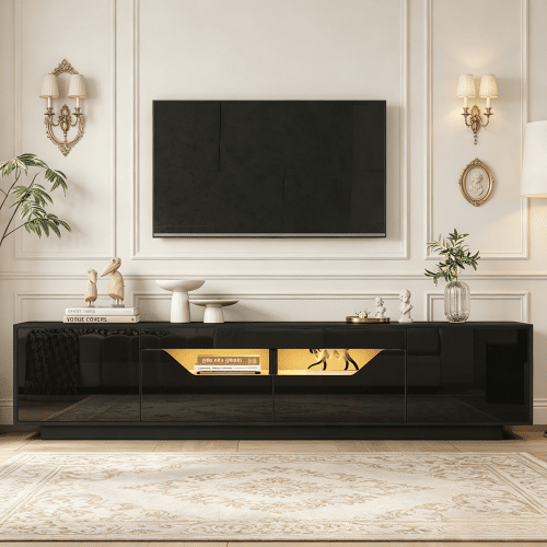 Móvel de TV 180 cm de painel de partículas com 2 portas,2 gavetas e luz led,preto Móvel de TV 180 cm de painel de partículas com 2 portas,2 gavetas e luz led,preto
