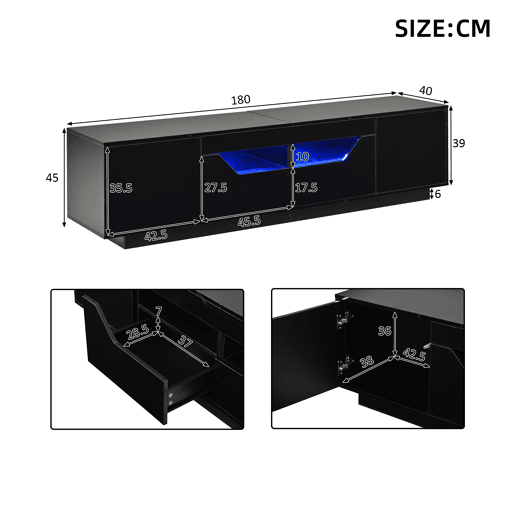 Móvel de TV 180 cm de painel de partículas com 2 portas,2 gavetas e luz led,preto Móvel de TV 180 cm de painel de partículas com 2 portas,2 gavetas e luz led,preto