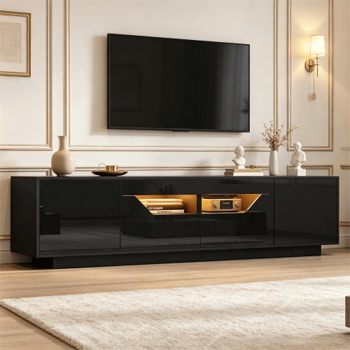Móvel de TV 180 cm de painel de partículas com 2 portas,2 gavetas e luz led,preto Móvel de TV 180 cm de painel de partículas com 2 portas,2 gavetas e luz led,preto