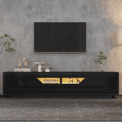 Móvel de TV 180 cm de painel de partículas com 2 portas,2 gavetas e luz led,preto Móvel de TV 180 cm de painel de partículas com 2 portas,2 gavetas e luz led,preto