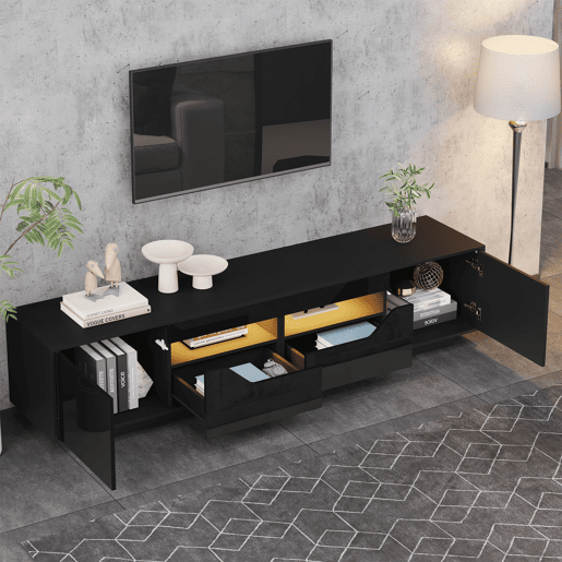 Móvel de TV 180 cm de painel de partículas com 2 portas,2 gavetas e luz led,preto Móvel de TV 180 cm de painel de partículas com 2 portas,2 gavetas e luz led,preto