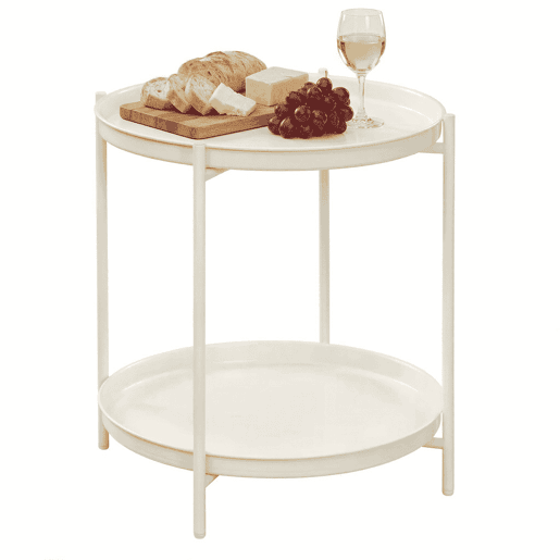 Mesa auxiliar redonda u2014 com espaço de arrumação, mesa de centro, suporte para plantas e mesa de cabeceira u2014 branco creme Mesa auxiliar redonda u2014 com espaço de arrumação, mesa de centro, suporte para plantas e mesa de cabeceira u2014 branco creme