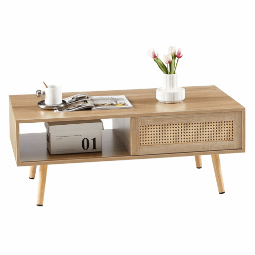 Mesa de centro em vime H40xL105xP55 cm - com portas de correr, pés em madeira maciça, estilo moderno - cor natural Mesa de centro em vime H40xL105xP55 cm - com portas de correr, pés em madeira maciça, estilo moderno - cor natural