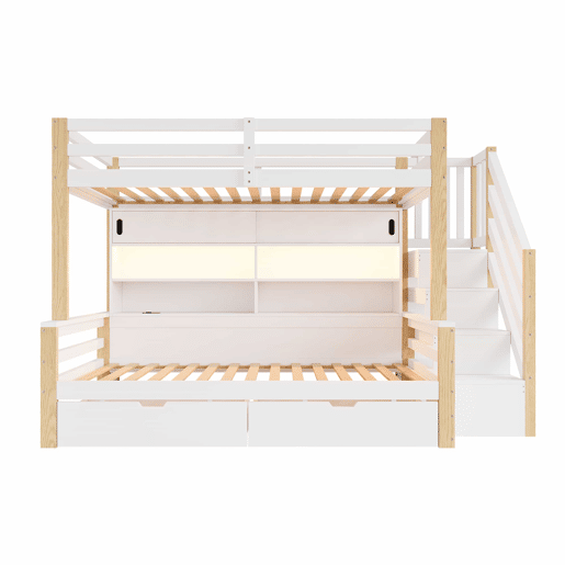 Beliche infantil 90 × 200 + 90 × 200 cm - madeira maciça, LED, USB, escada com arrumação e porta de correr - Branco e natural
