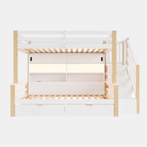 Beliche infantil 90 × 200 + 90 × 200 cm - madeira maciça, LED, USB, escada com arrumação e porta de correr - Branco e natural