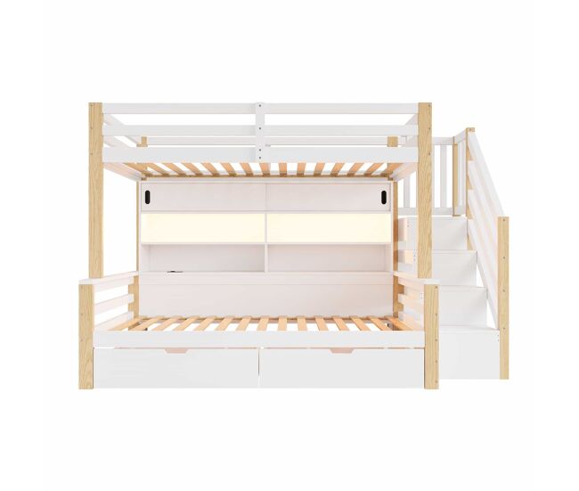 Litera infantil 90 × 200 + 90 × 200 cm - madera maciza, led, usb, escalera con almacenaje y puerta corredera - blanco y natural