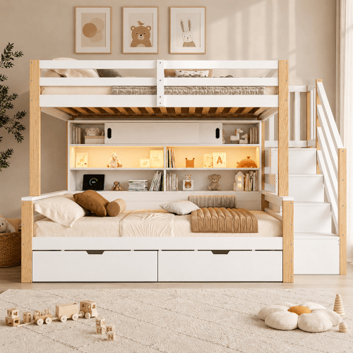 Beliche infantil 90 × 200 + 90 × 200 cm - madeira maciça, LED, USB, escada com arrumação e porta de correr - Branco e natural