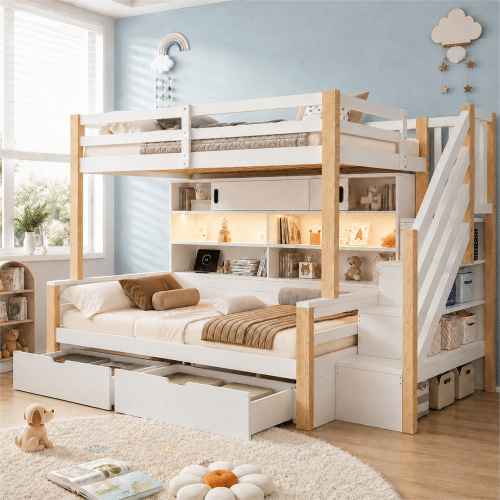 Beliche infantil 90 × 200 + 90 × 200 cm - madeira maciça, LED, USB, escada com arrumação e porta de correr - Branco e natural