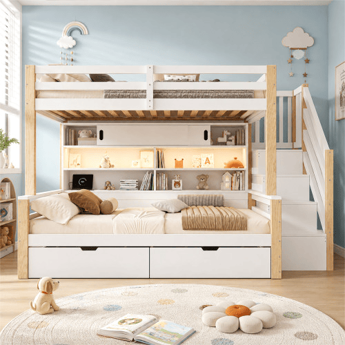 Beliche infantil 90 × 200 + 90 × 200 cm - madeira maciça, LED, USB, escada com arrumação e porta de correr - Branco e natural