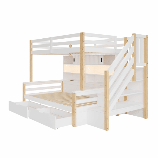 Beliche infantil 90 × 200 + 90 × 200 cm - madeira maciça, LED, USB, escada com arrumação e porta de correr - Branco e natural